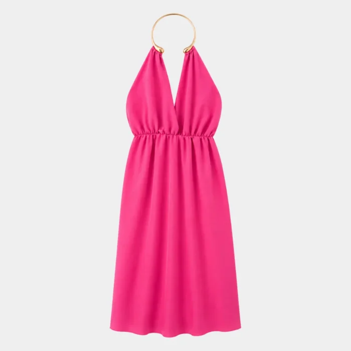Abito lungo fucsia con collare gioiello dorato