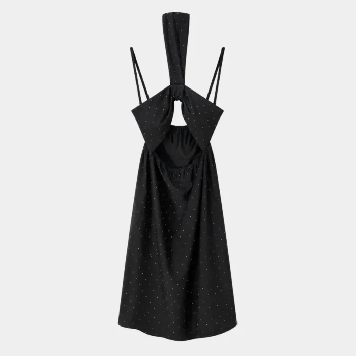 Abito nero con strass e maxi fiocco
